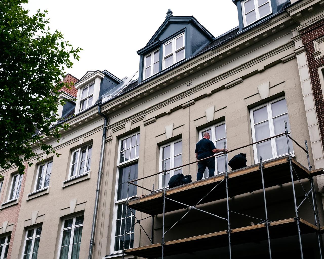 Gevelrenovatie met stelling aan een Antwerps pand